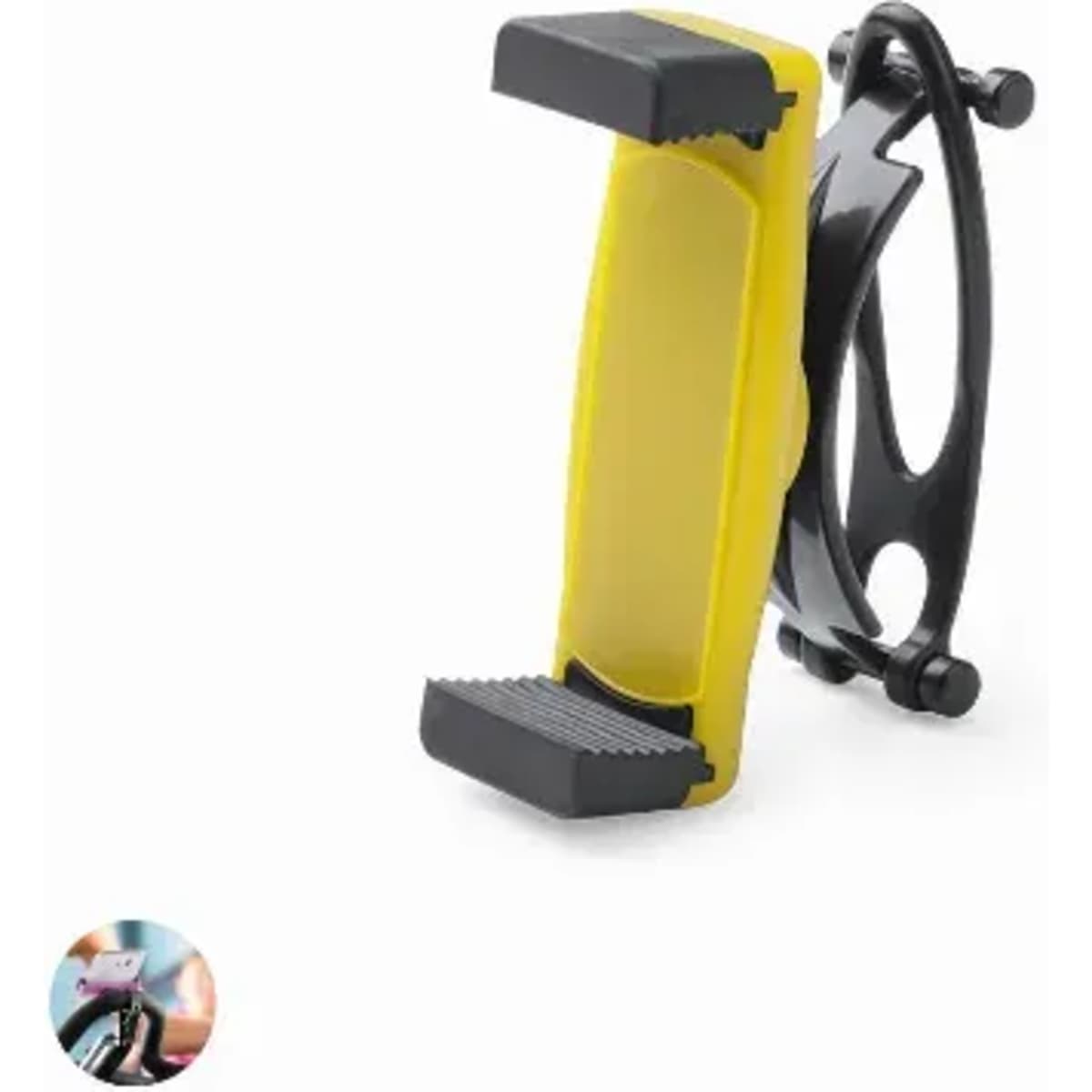 A drink bottle holder in black and yellow with rubber grips and a mounting bracket. Features a logo.