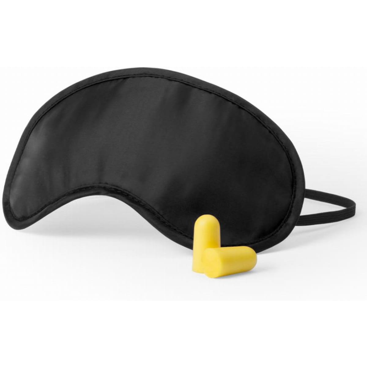 A black sleep mask with yellow earplugs beside it, featuring a simple design and an elastic strap.