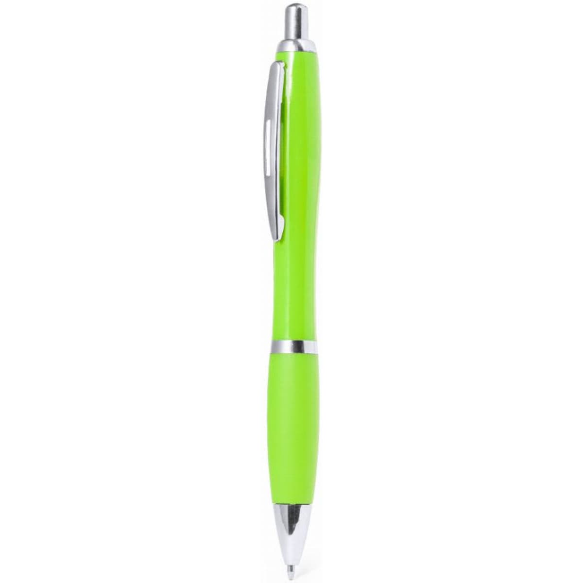 A pen in bright green with chrome accents and a smooth writing tip. Features a clip for easy attachment.