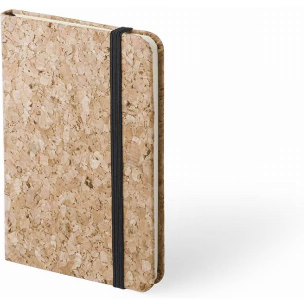 A cork notebook with a black elastic band, featuring a textured natural cork exterior.