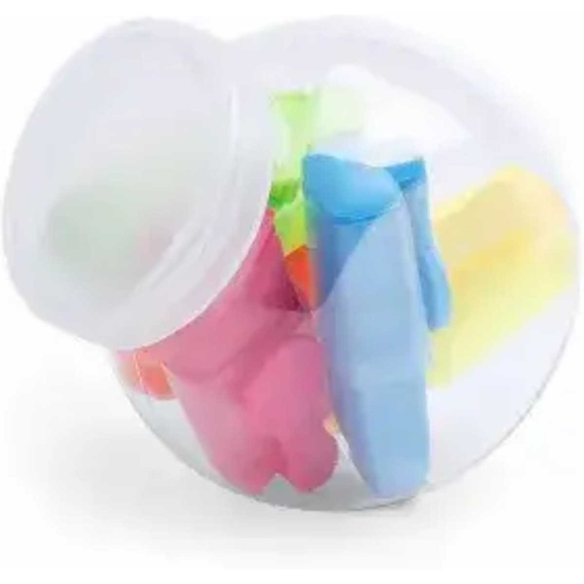 A clear plastic container filled with colourful rubber bands in pink, blue, and yellow.