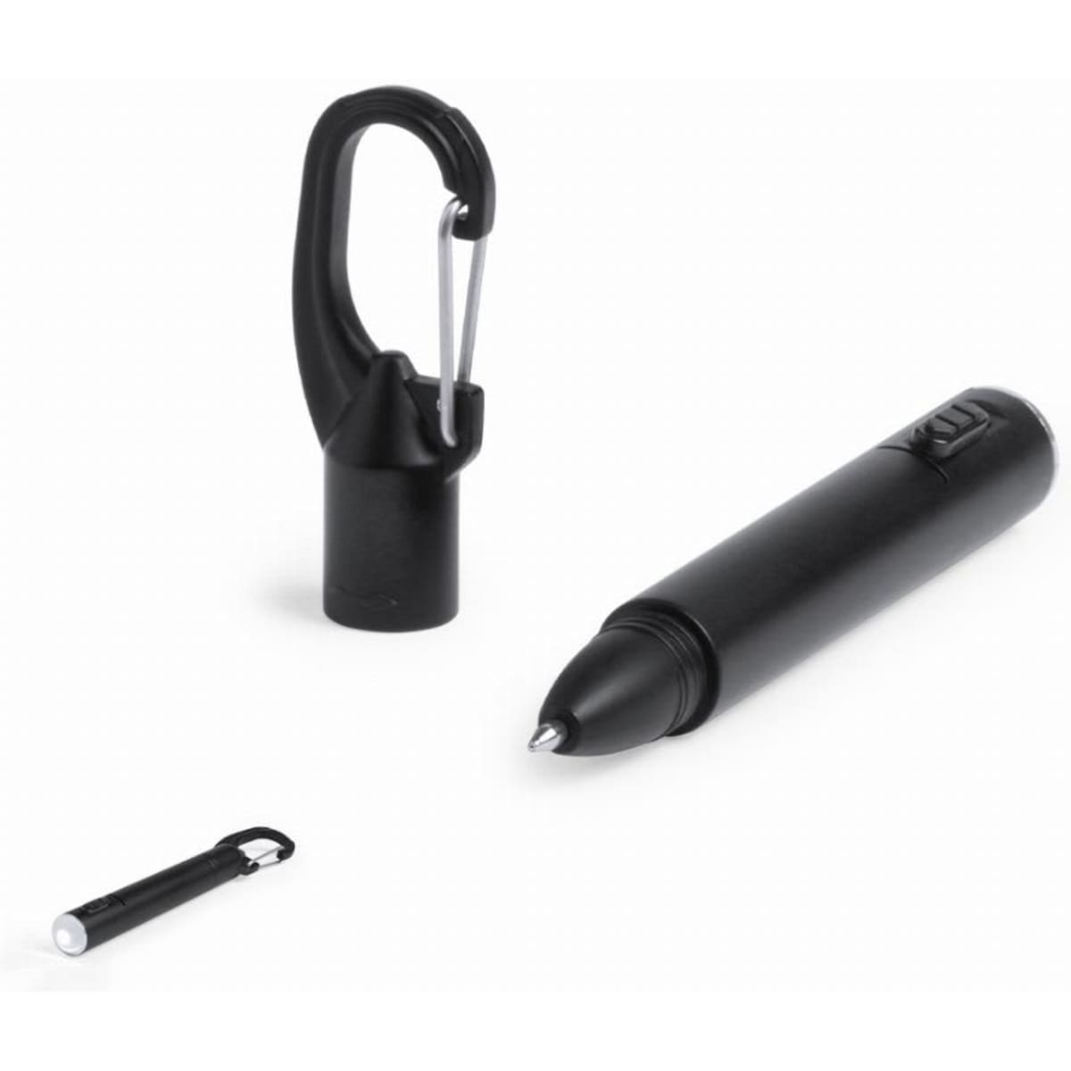 A black pen with a clip and removable cap, featuring a sleek design suitable for writing.