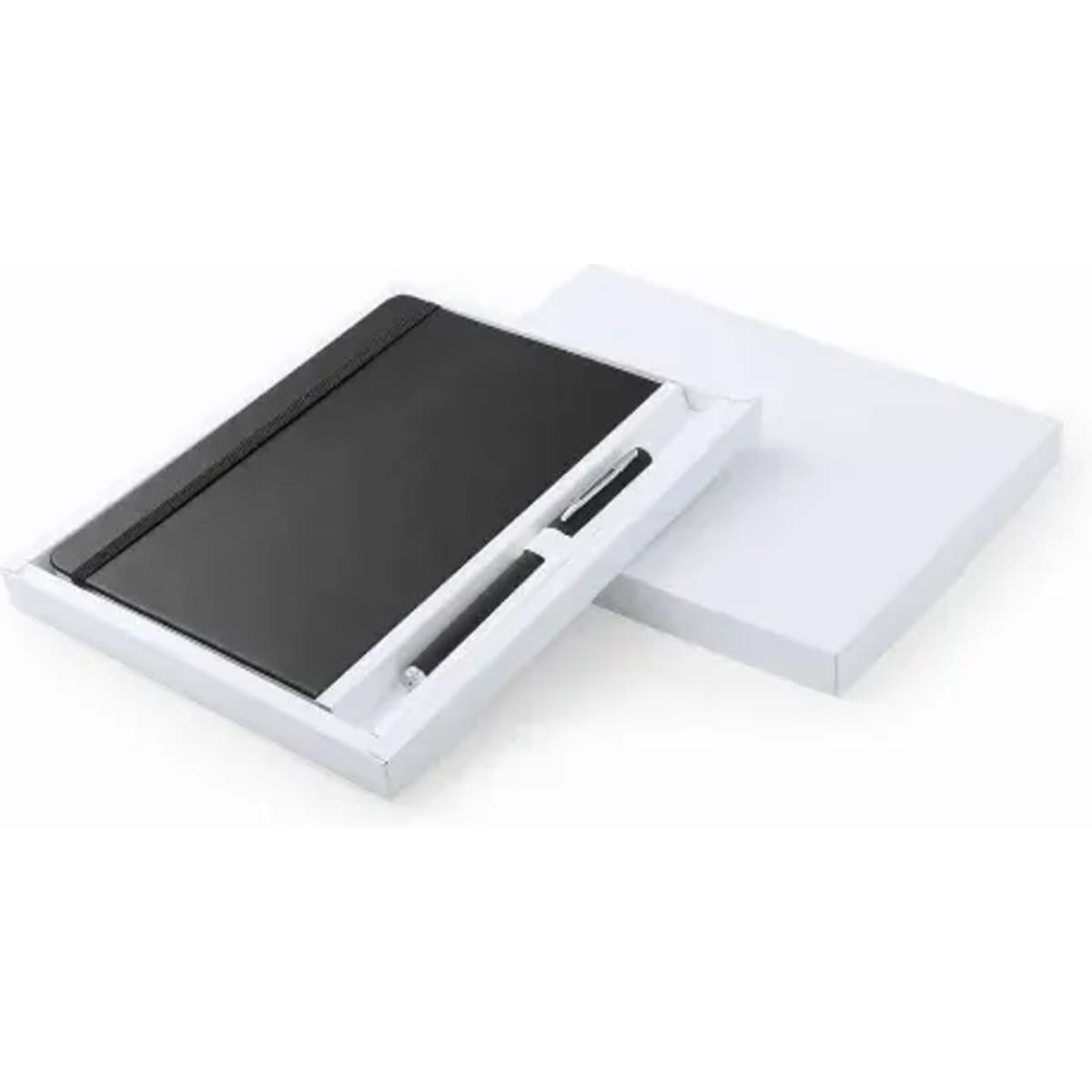 A gift box containing a black notebook and a black pen, neatly arranged on a white background.