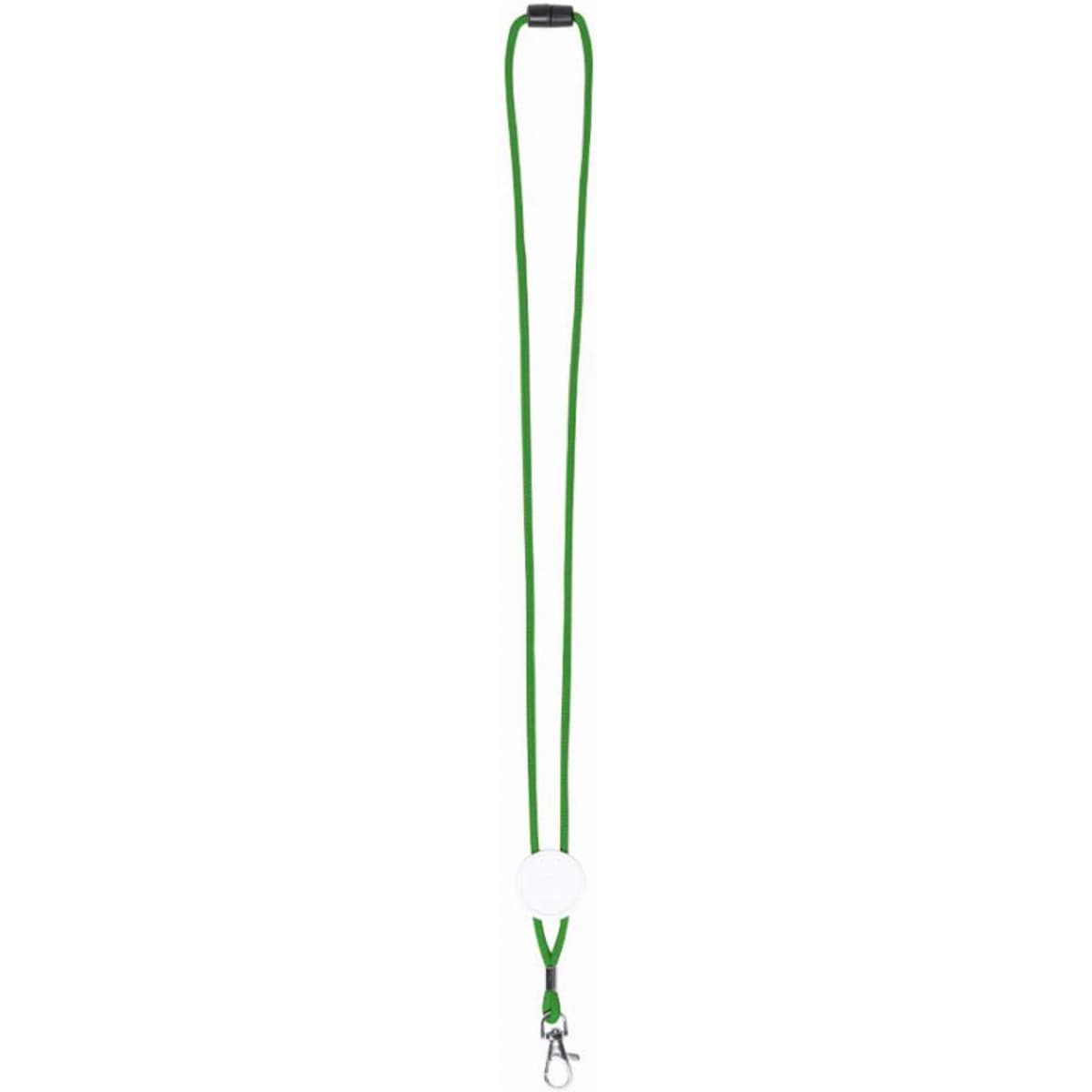 A green lanyard with a clip at the end and a circular attachment. It features a simple design and has a logo.