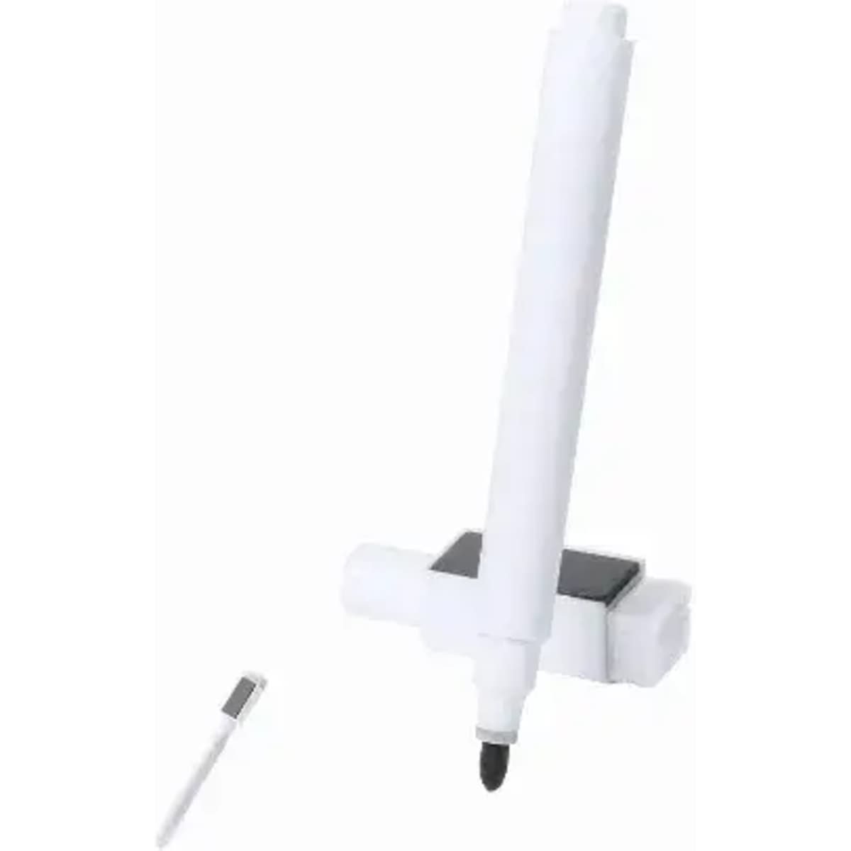 A white marker pen with a black nib, resting on a stand, alongside a removable cap.