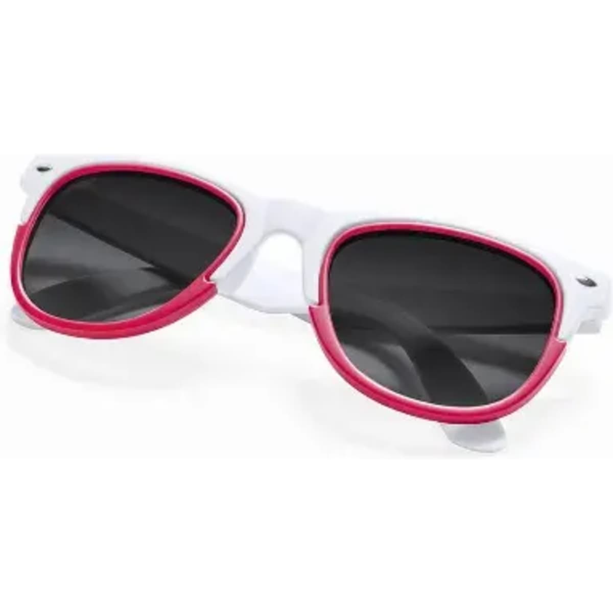 Sunglasses with white frames and pink accents, featuring dark lenses and a stylish design.