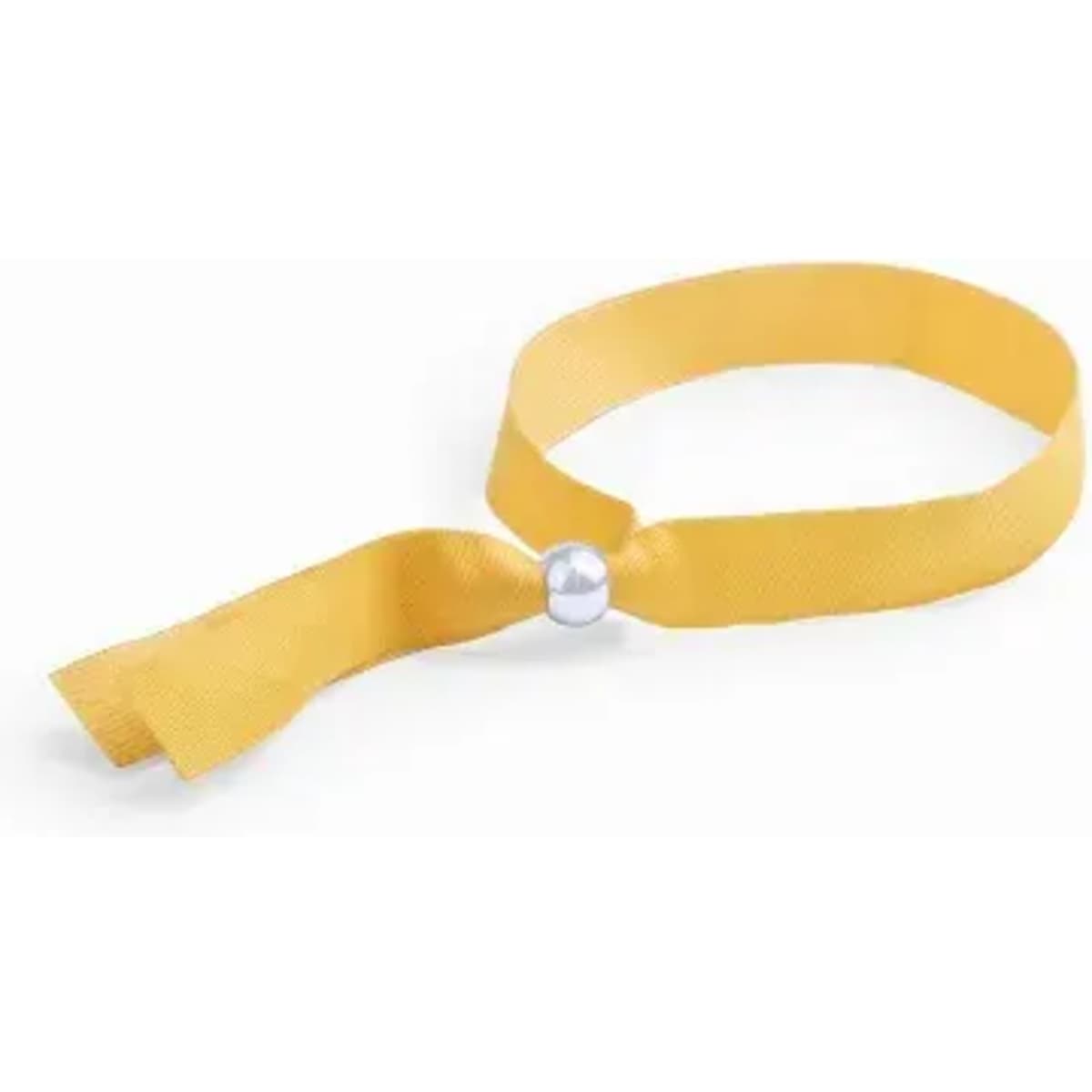 A yellow wristband made of fabric, featuring a silver bead fastening.
