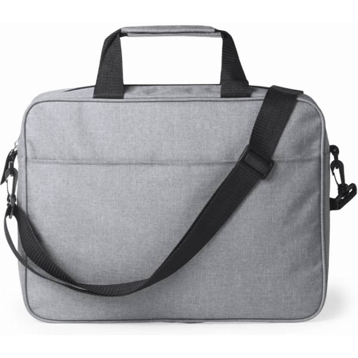 A grey bag with two handles and an adjustable shoulder strap. It features a zippered closure and a minimalist design.