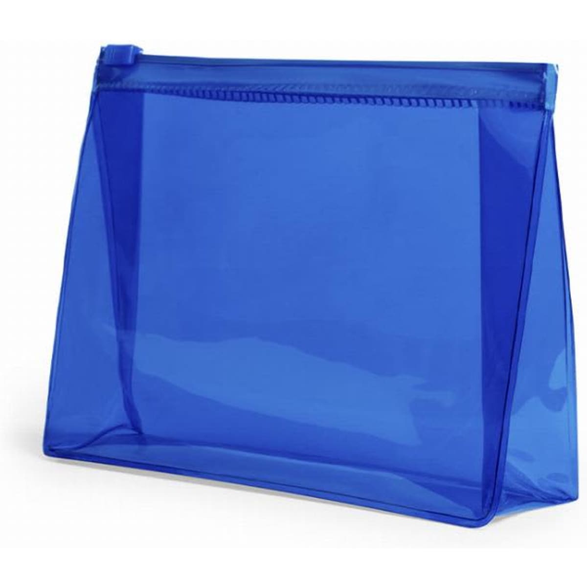 A blue zippered pouch with a transparent design, featuring a structured shape and a branded logo.