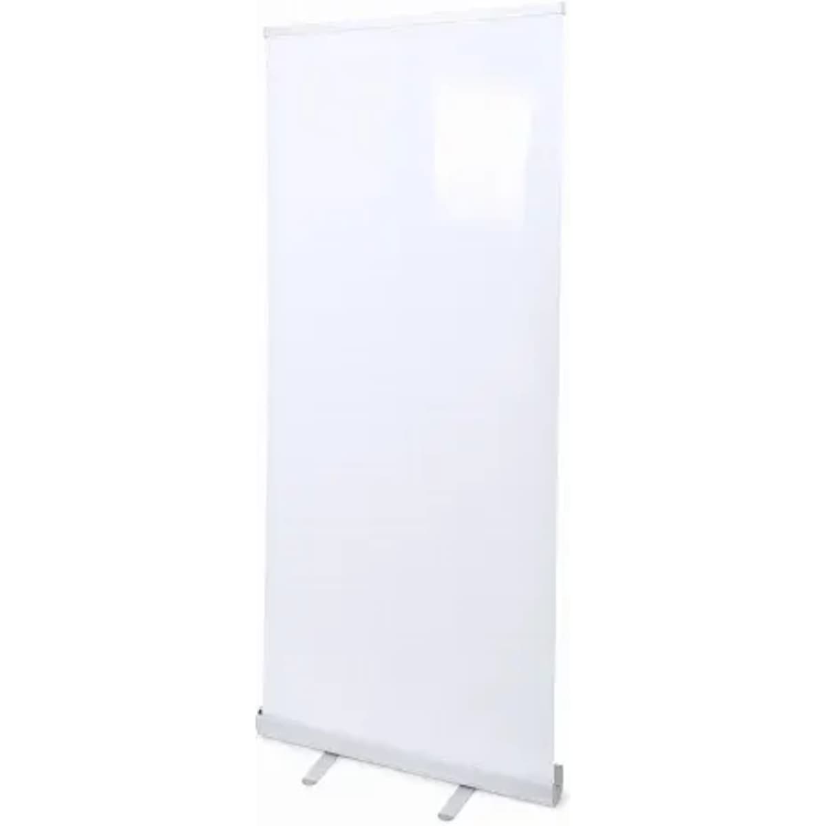 A retractable banner stand featuring a blank white surface and a silver frame for displaying promotional material.
