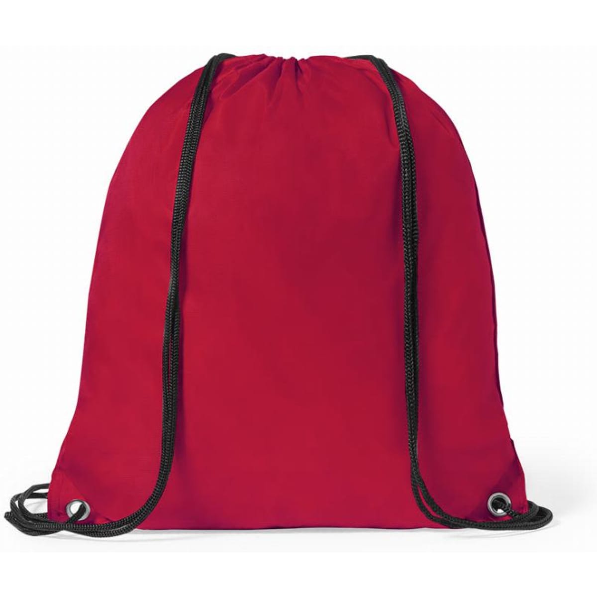 A red drawstring backpack with black straps and eyelets. The bag has a simple, solid design.