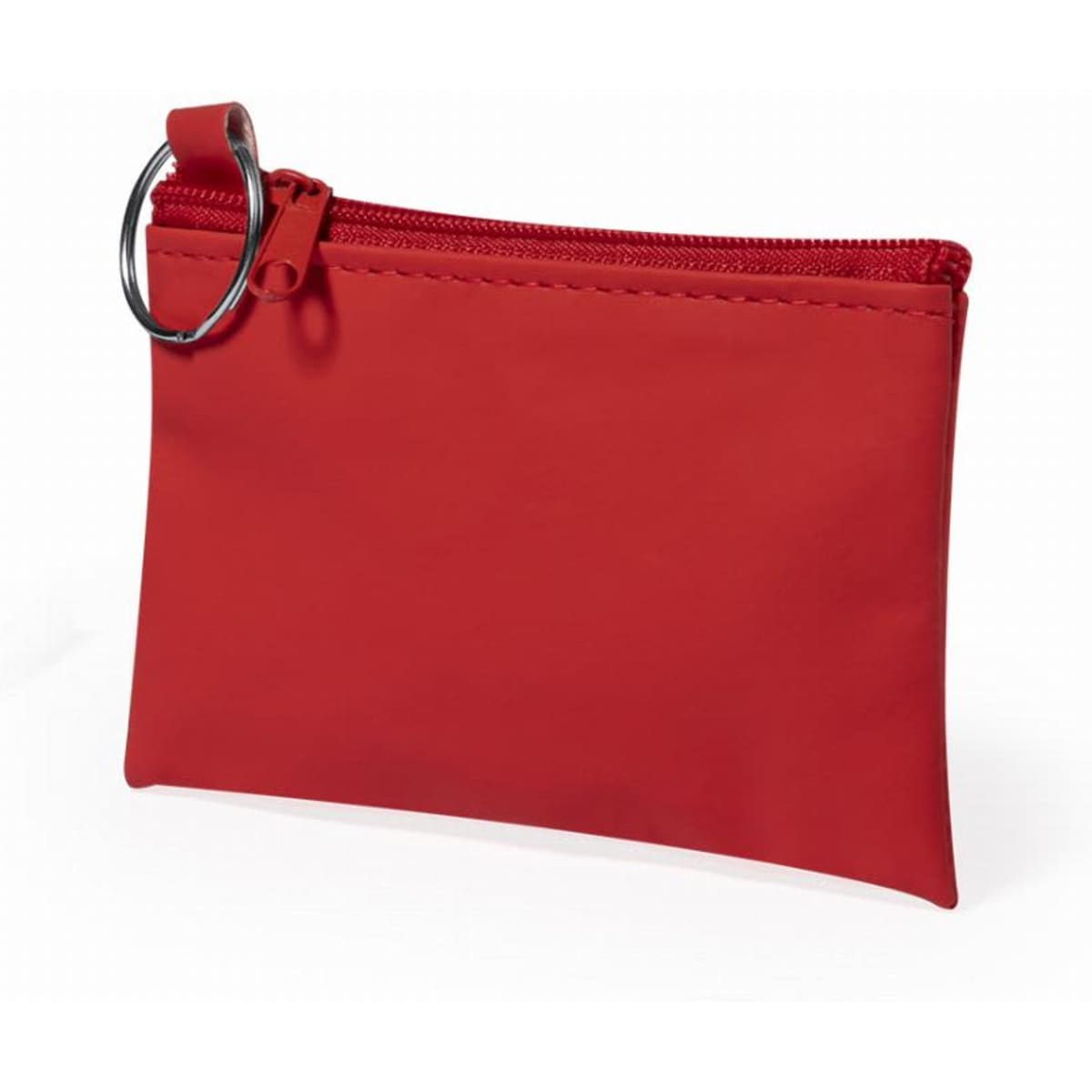 A small red pouch with a zipper, featuring a metal ring for attachment. Simple and smooth design.