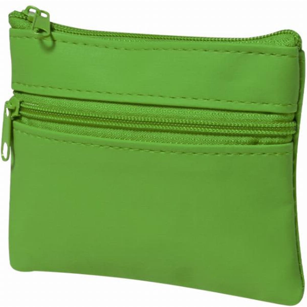 A green zippered pouch with two pockets, made from a smooth material. It features a simple design.