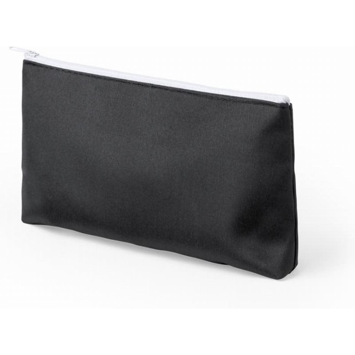 A black pouch with a white zip, featuring a simple and sleek design. Ideal for storing small items.