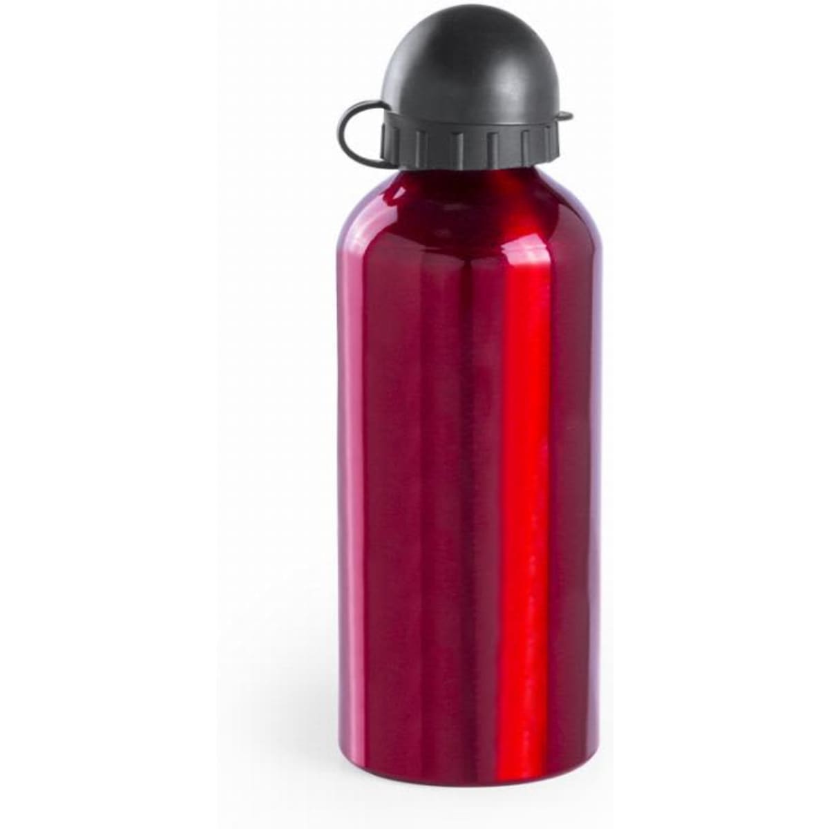 A drink bottle in shiny red with a black screw cap and attached loop, featuring a logo.