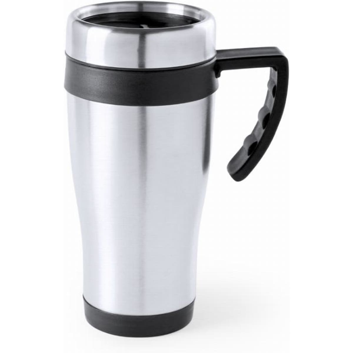 A drink bottle with a stainless steel body and black handle, featuring a black lid and a sleek design.
