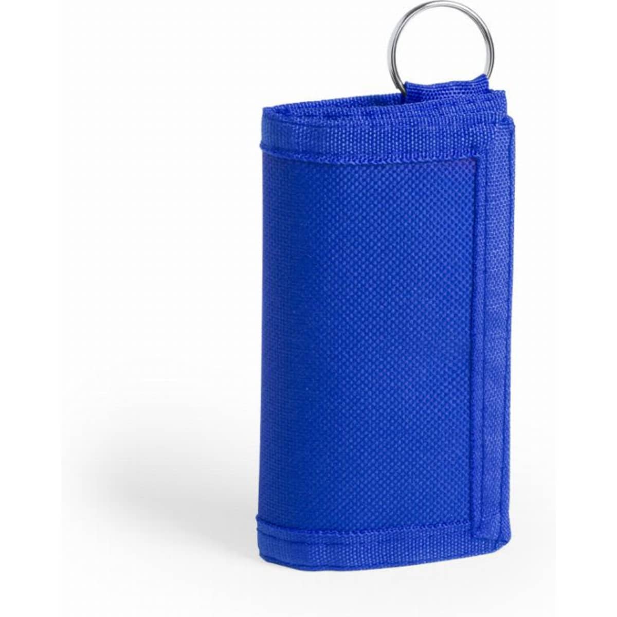 A blue promotional product with a keyring, made from durable fabric. It features a simple, foldable design.
