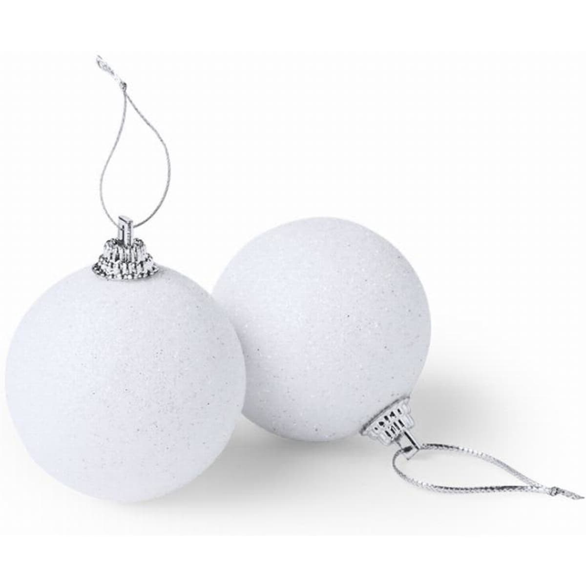 Two white decorative Christmas baubles with silver tops, featuring a smooth finish and hanging loops.