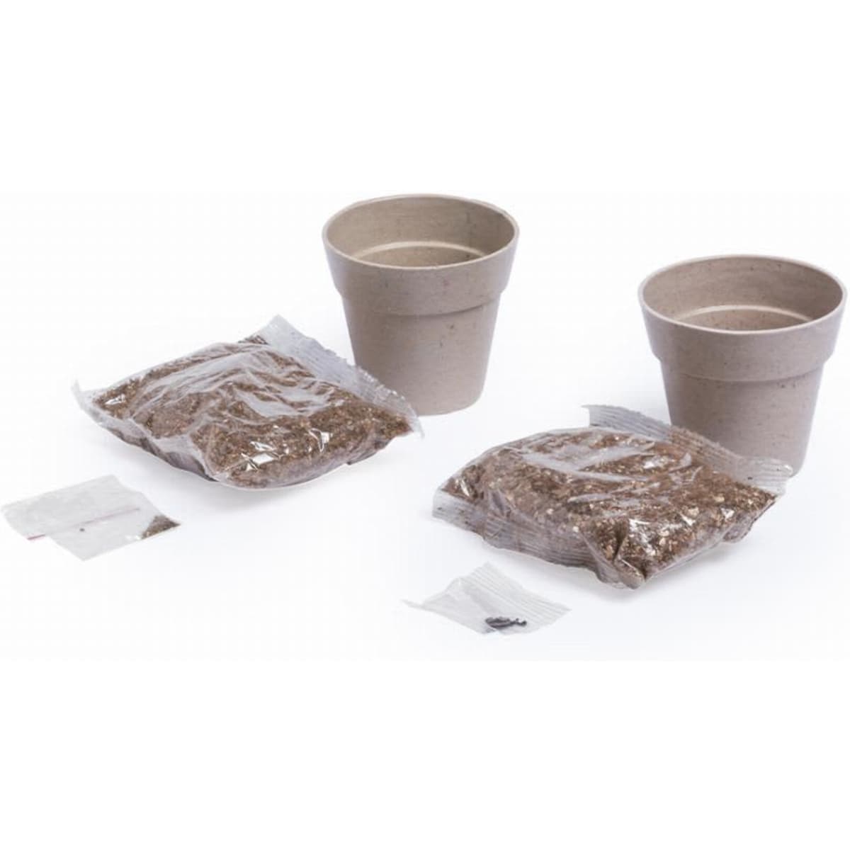 Two brown biodegradable plant pots, each with a packet of soil and seeds beside them.
