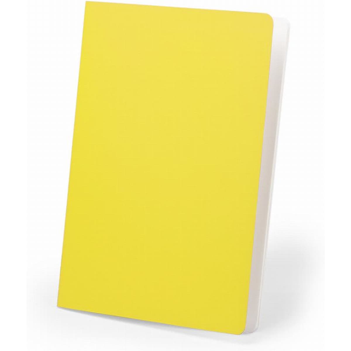 A yellow notebook with a plain cover and white pages, featuring no visible branding.