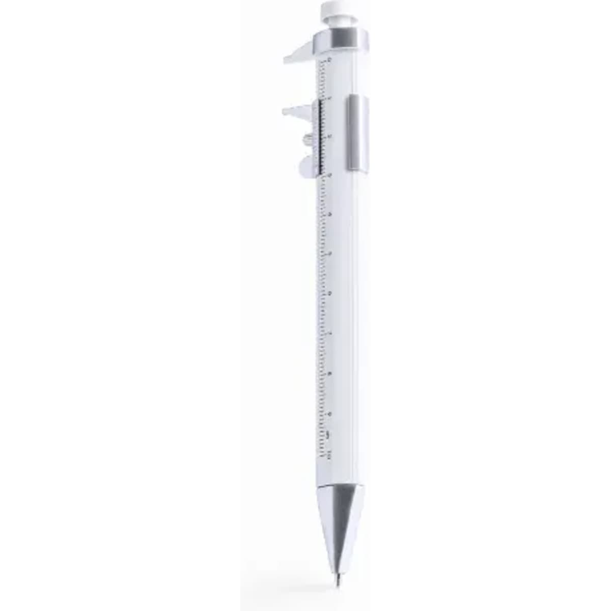 A white pen with a silver clip and features a ruler and measurement markings on its body.