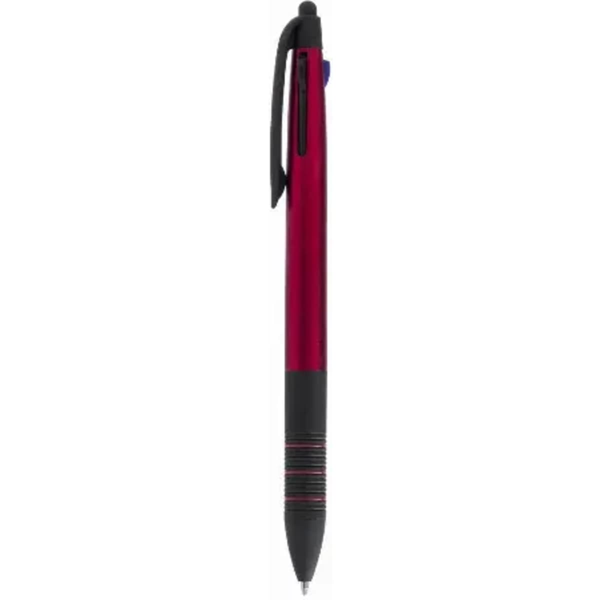 A pen in a metallic red colour with a black grip and clip, featuring a smooth, sleek design.