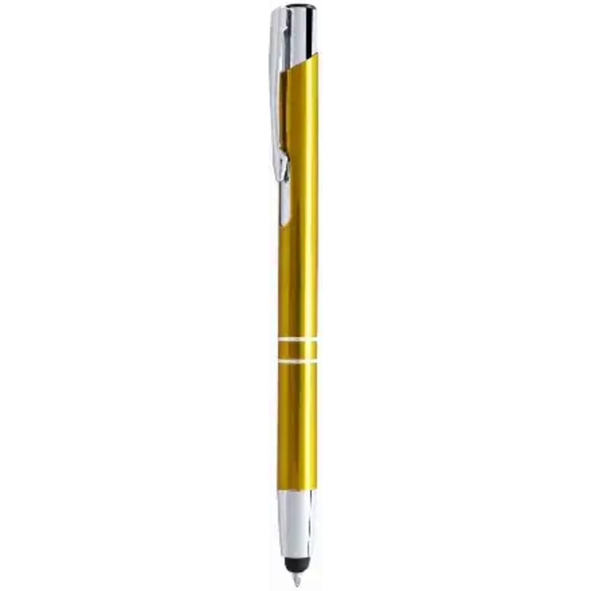 A pen with a shiny yellow barrel, silver accents, and a sleek design. It features a logo on the barrel.
