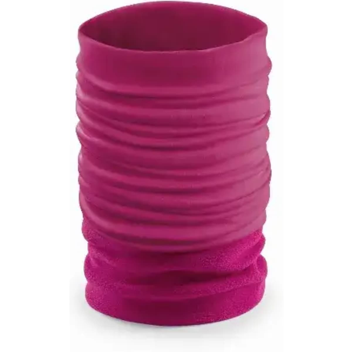 A drink bottle in a vibrant fuchsia colour with a textured, wrinkled design and a logo.