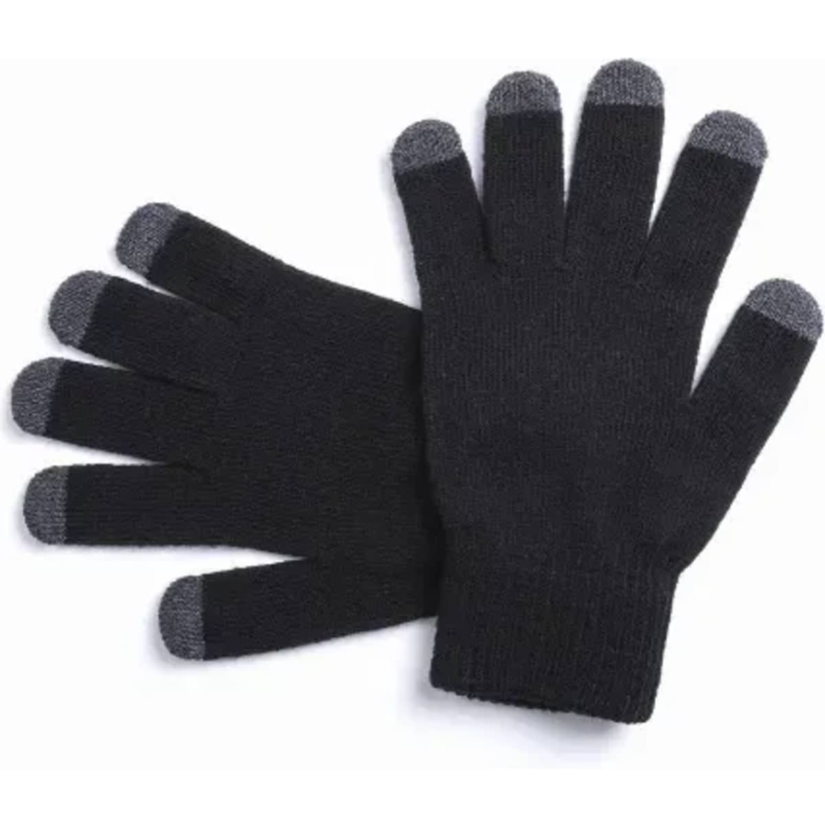 A pair of black gloves with grey tips on the fingers, featuring a knitted texture.