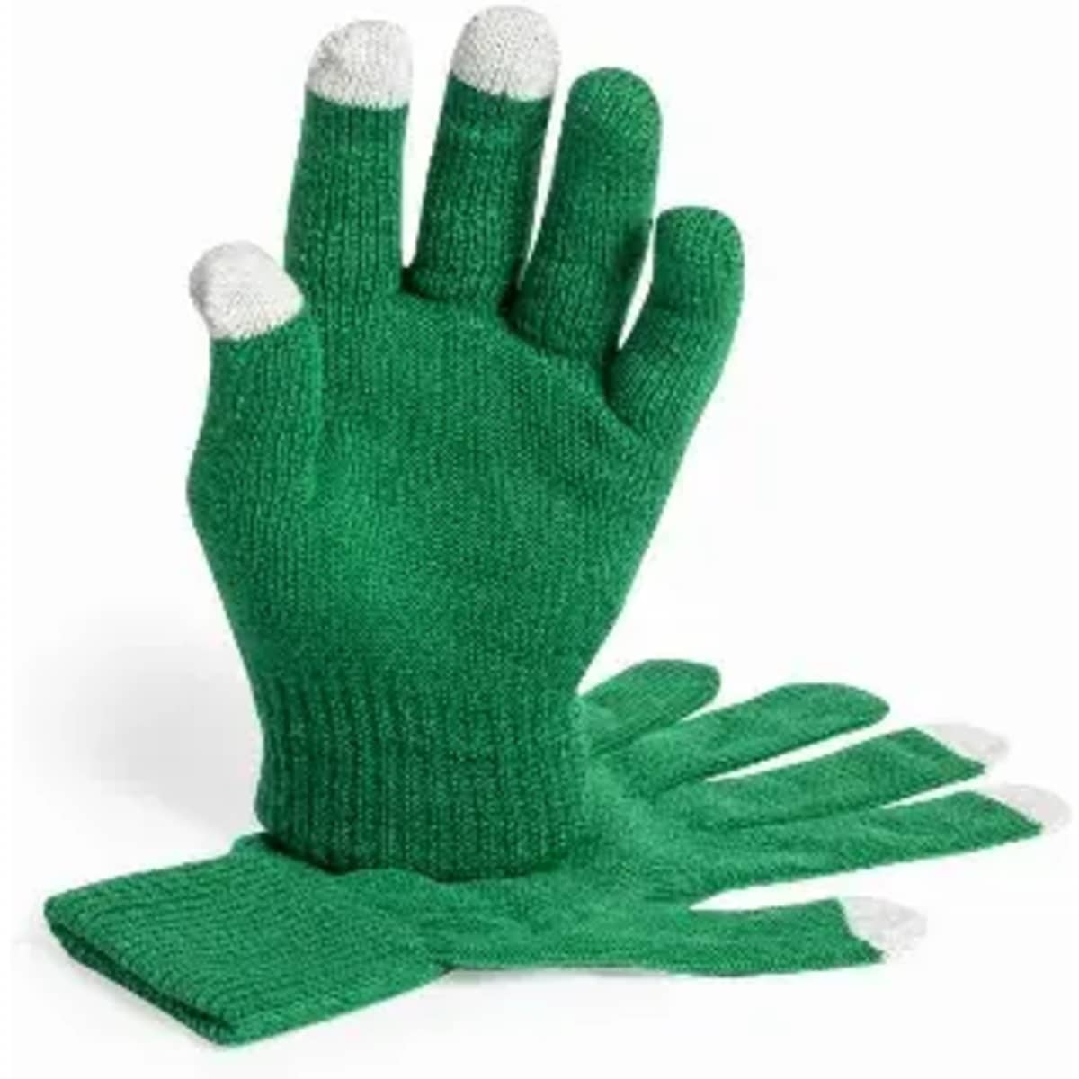 A pair of green gloves with white tips on the fingers, featuring a knitted texture.