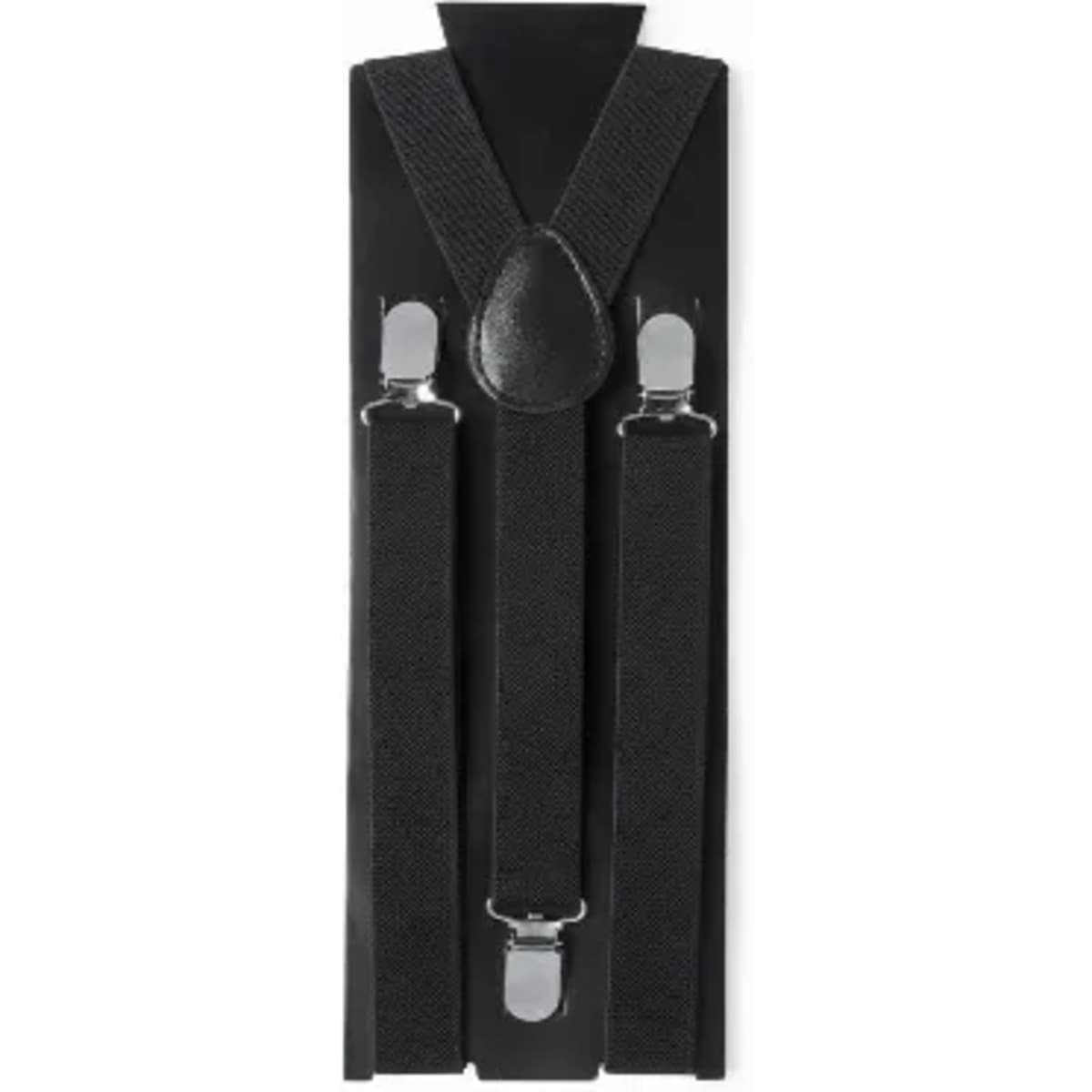A pair of black suspenders displayed on a card, featuring metal clips and an adjustable design.