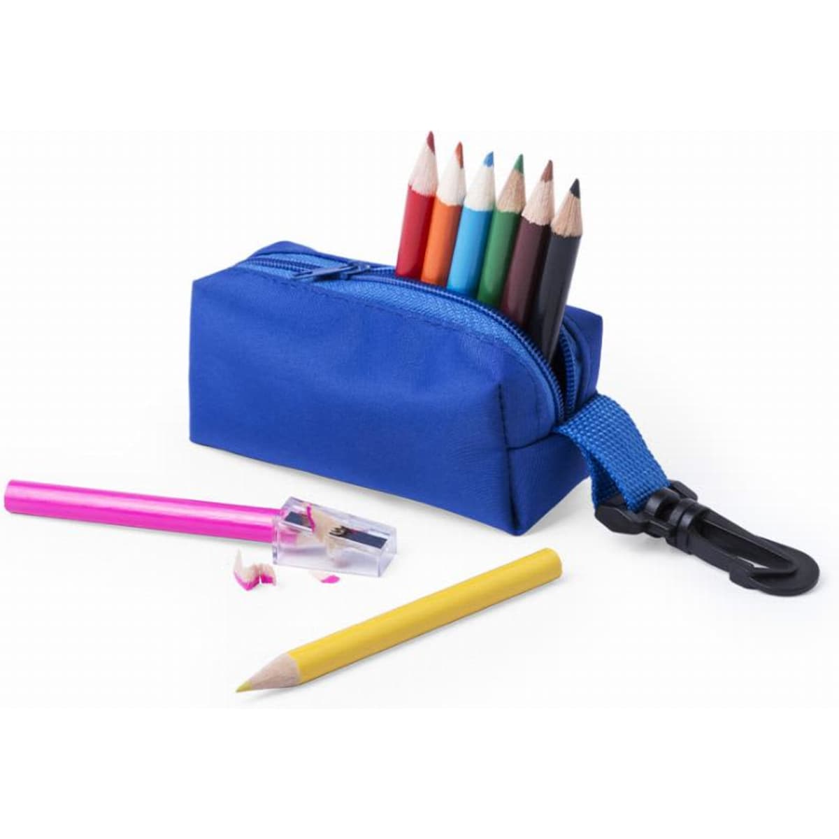 A blue pencil case with coloured pencils and a sharpener, along with a pink and yellow pencil lying nearby.