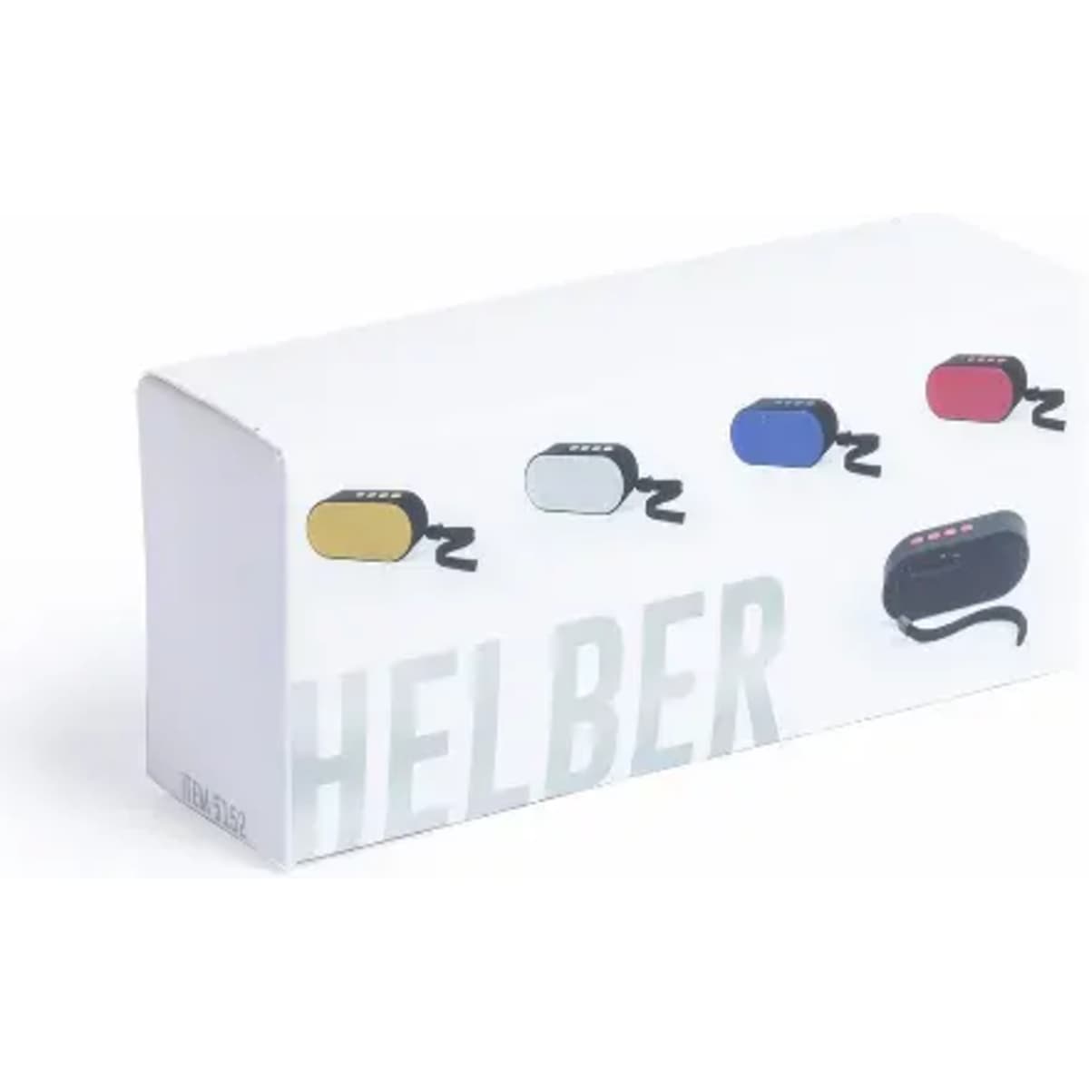 A box containing Helber Speakers in yellow, blue, red, and black, with a logo on the packaging.