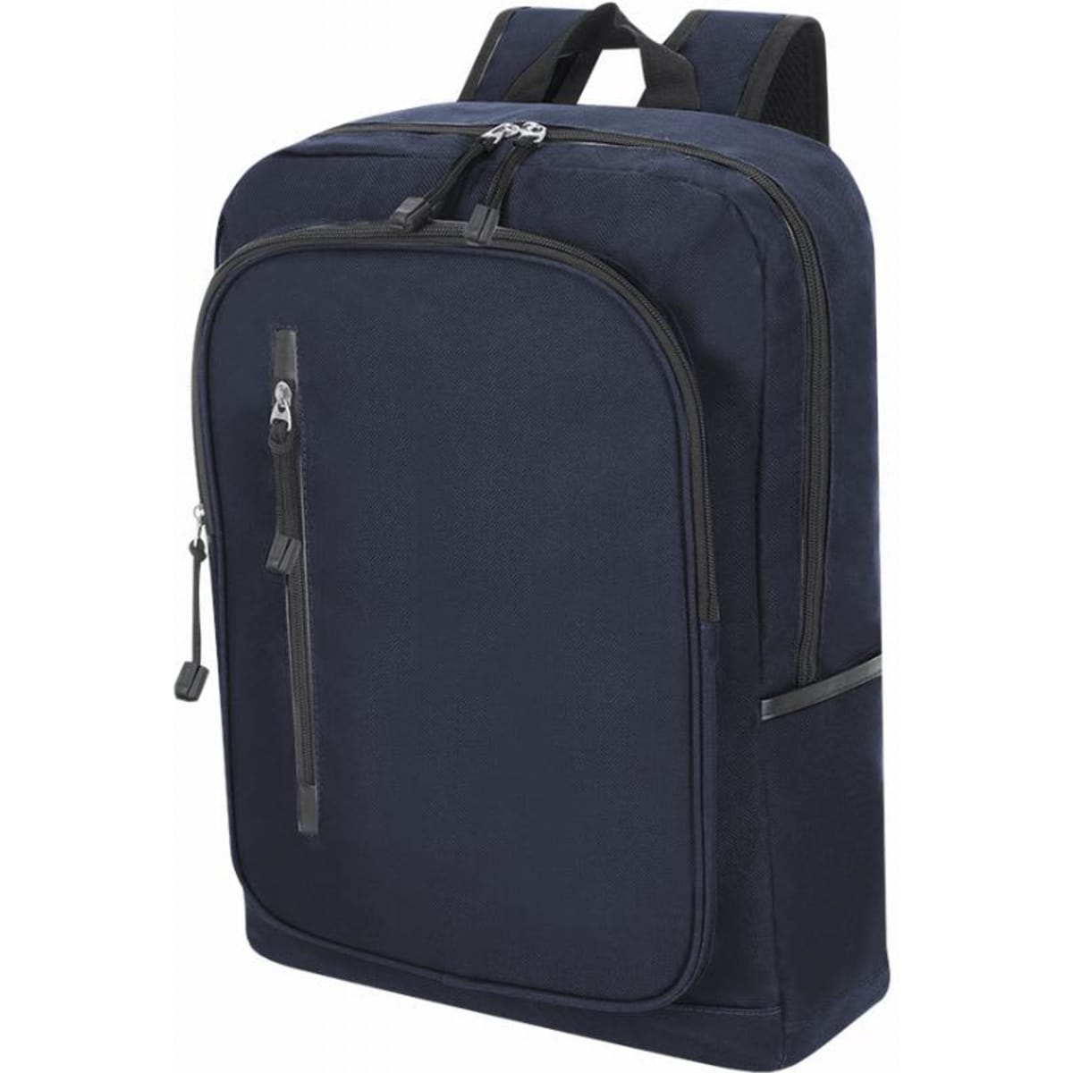 A navy blue backpack with a front zip pocket and padded shoulder straps. It has a sleek, minimalist design.