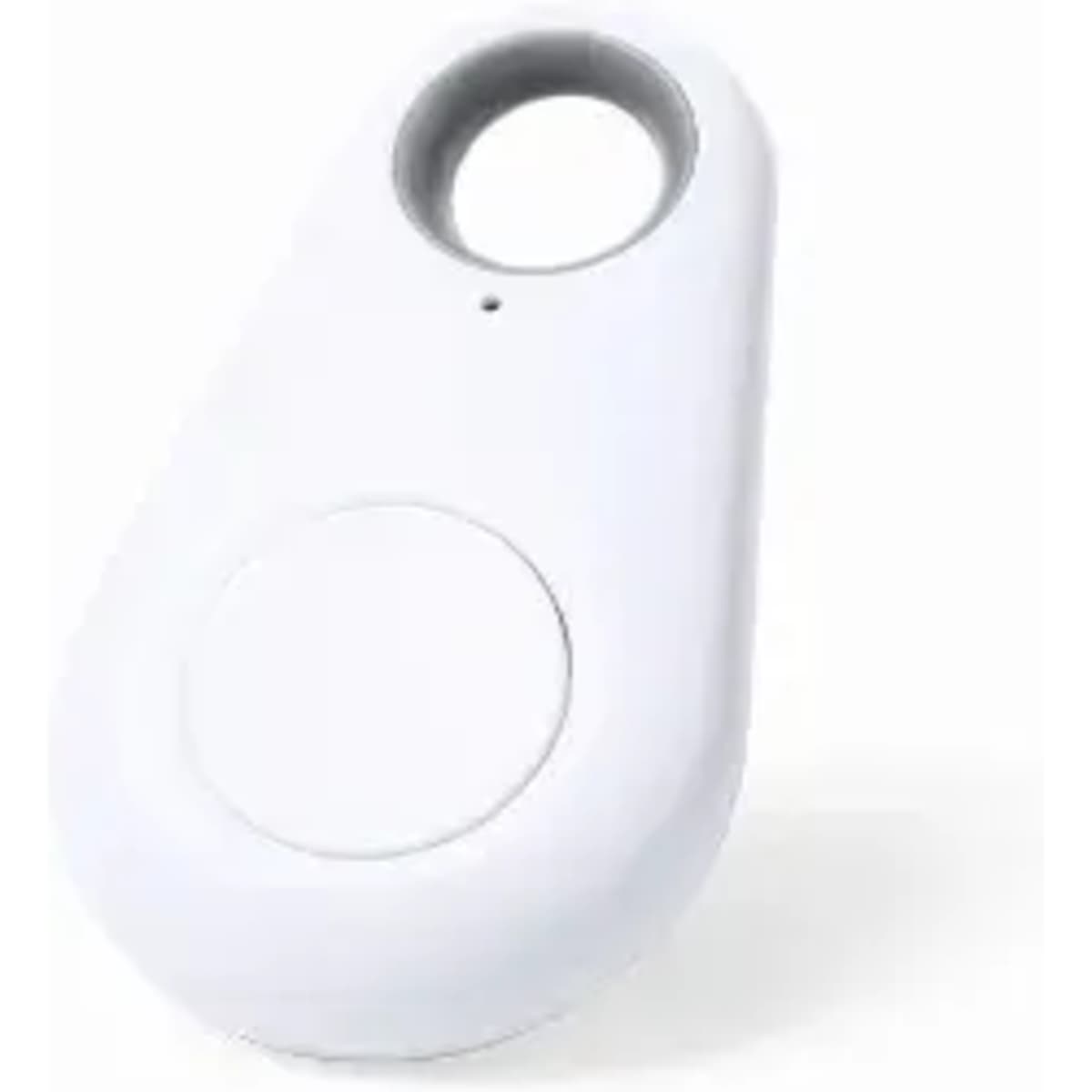 A white device with a circular button and a hole for attachment, featuring a minimalistic design.