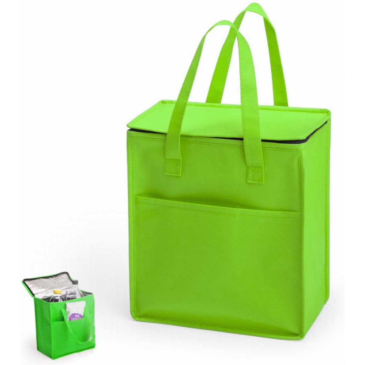 A green insulated cooler bag with two handles and a front pocket, alongside a smaller matching bag.