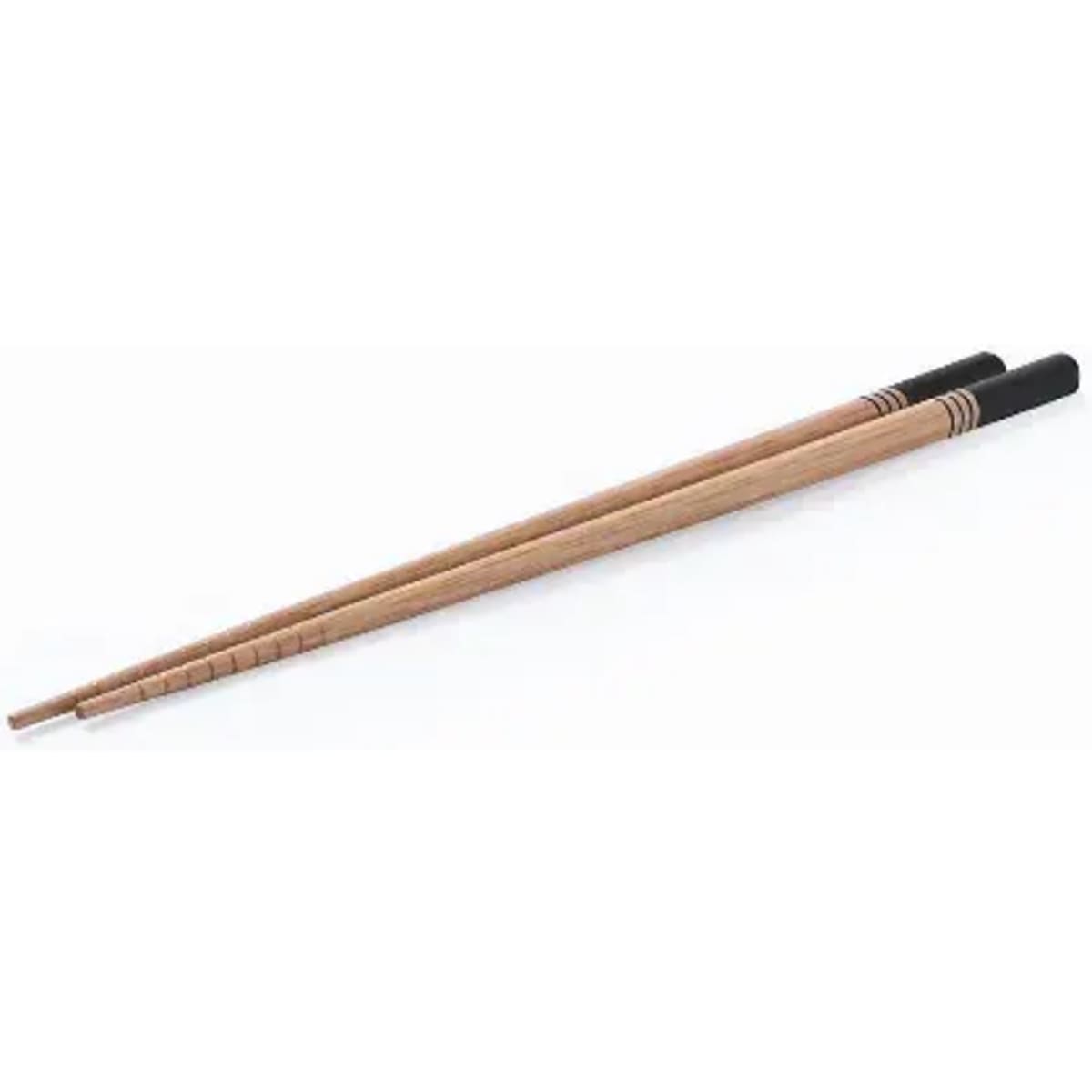 Two wooden chopsticks with black tips laid horizontally on a white background.