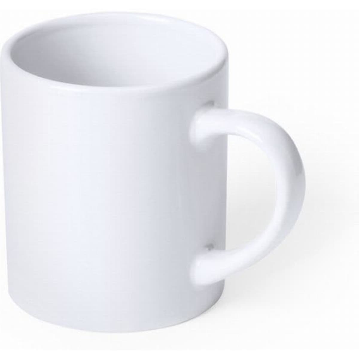 A white ceramic mug with a smooth finish and a rounded handle. It is empty and angled slightly to the side.