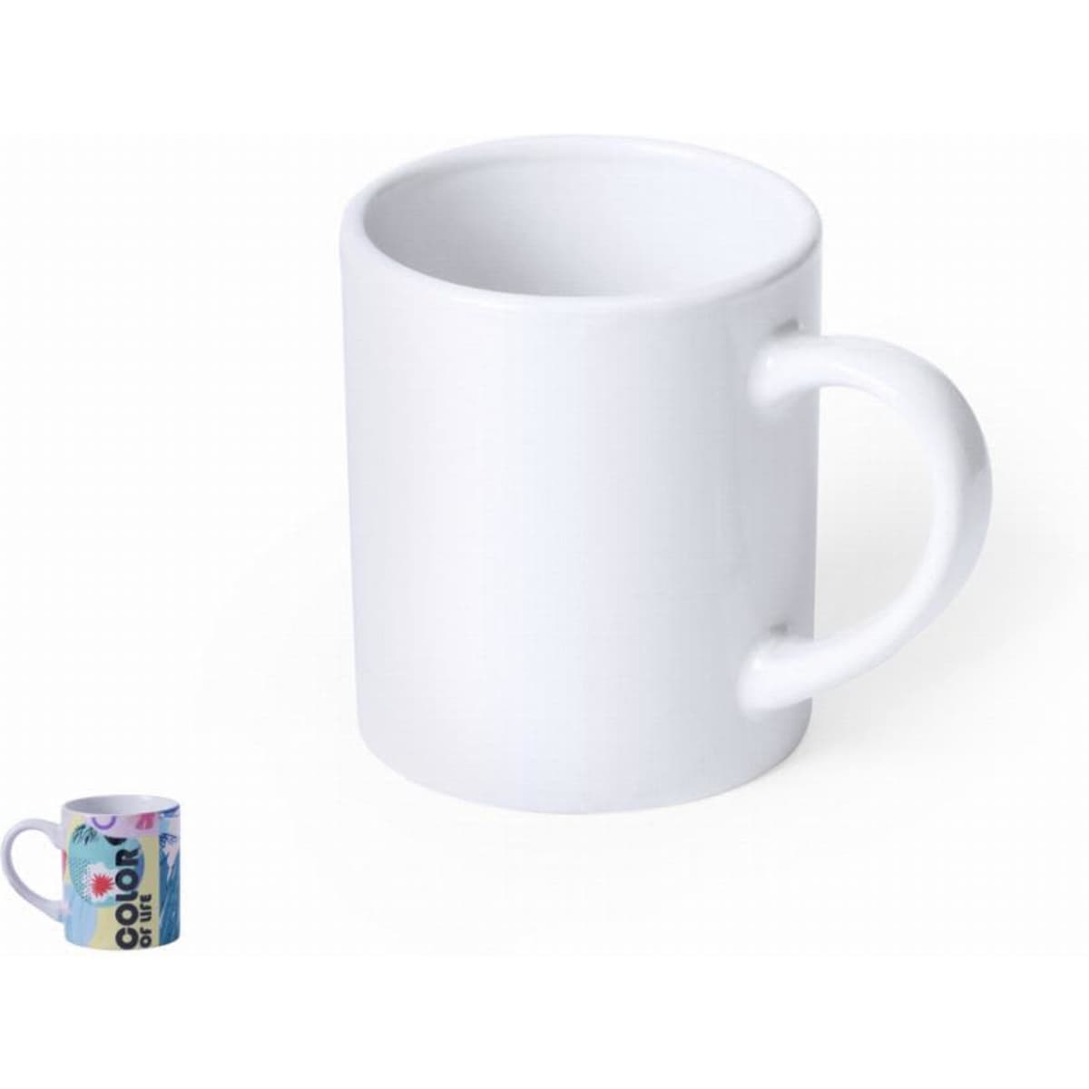 A white ceramic mug with a plain design, featuring a curved handle. Includes a small image of a colourful branded mug.