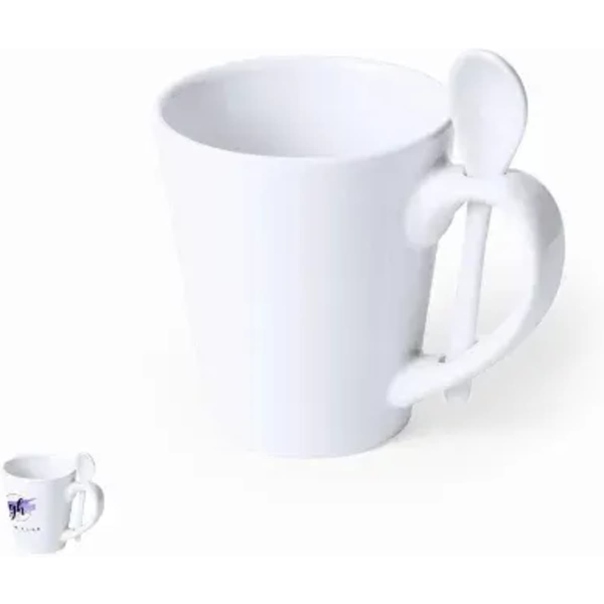 A white mug with a curved handle and an attached spoon. The mug has a simple design and no visible branding.