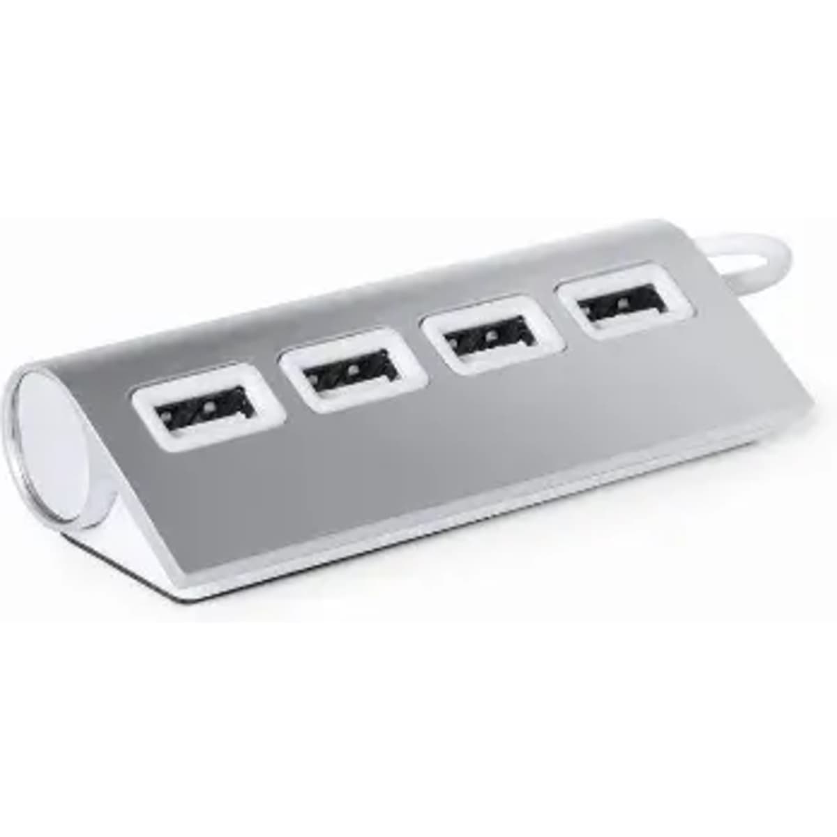 A silver USB hub featuring four ports, with a sleek, elongated design and a rounded edge. It has a logo on one side.