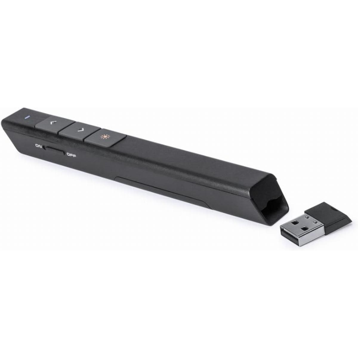 A presentation remote in black featuring buttons for navigation and a USB receiver.