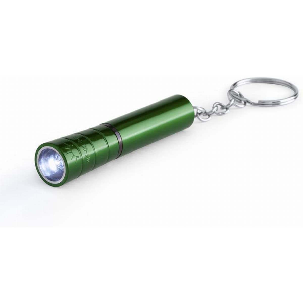 A green keychain flashlight with a silver keyring, featuring a bright LED light at the front.