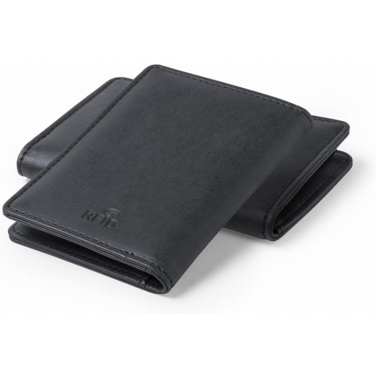 A black wallet featuring multiple compartments and a logo. It is made of sleek leather material.