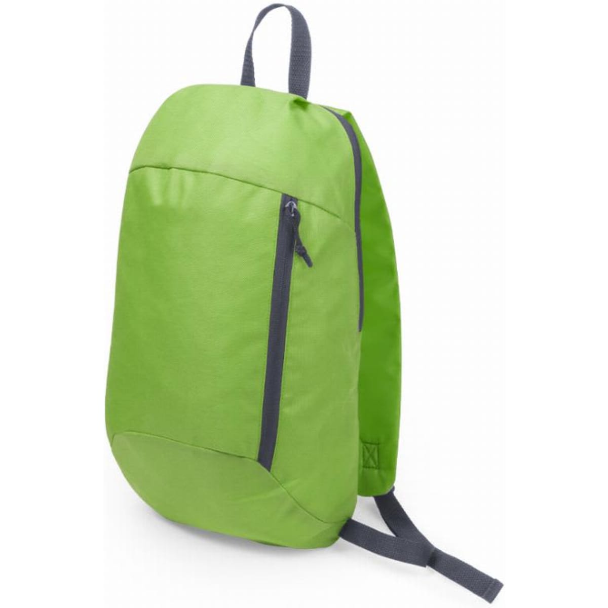 A backpack in bright green with a grey zipper and straps, featuring a sleek, minimalist design.