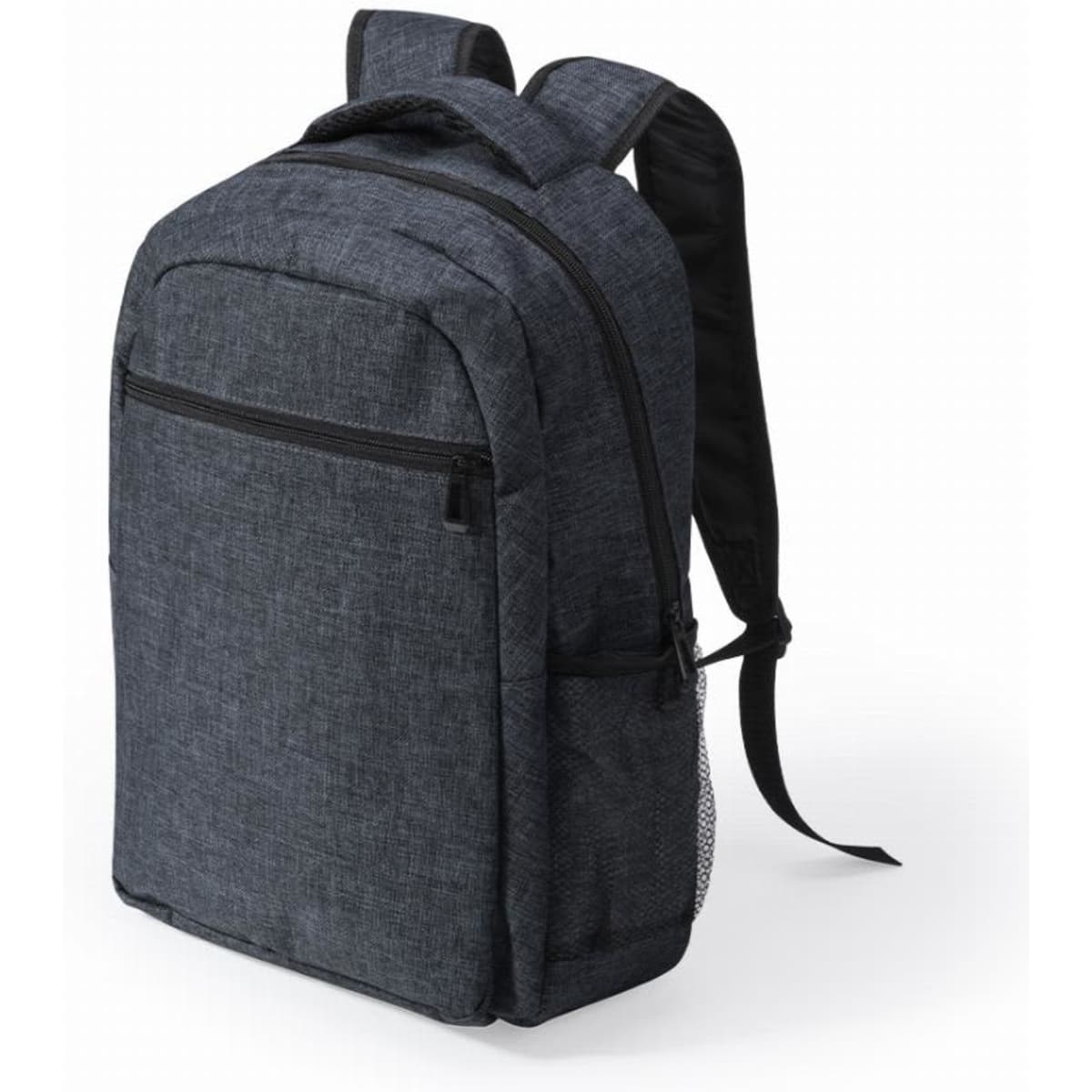 A backpack with a sleek grey fabric design, featuring a front pocket and adjustable straps. It has a logo on the side.