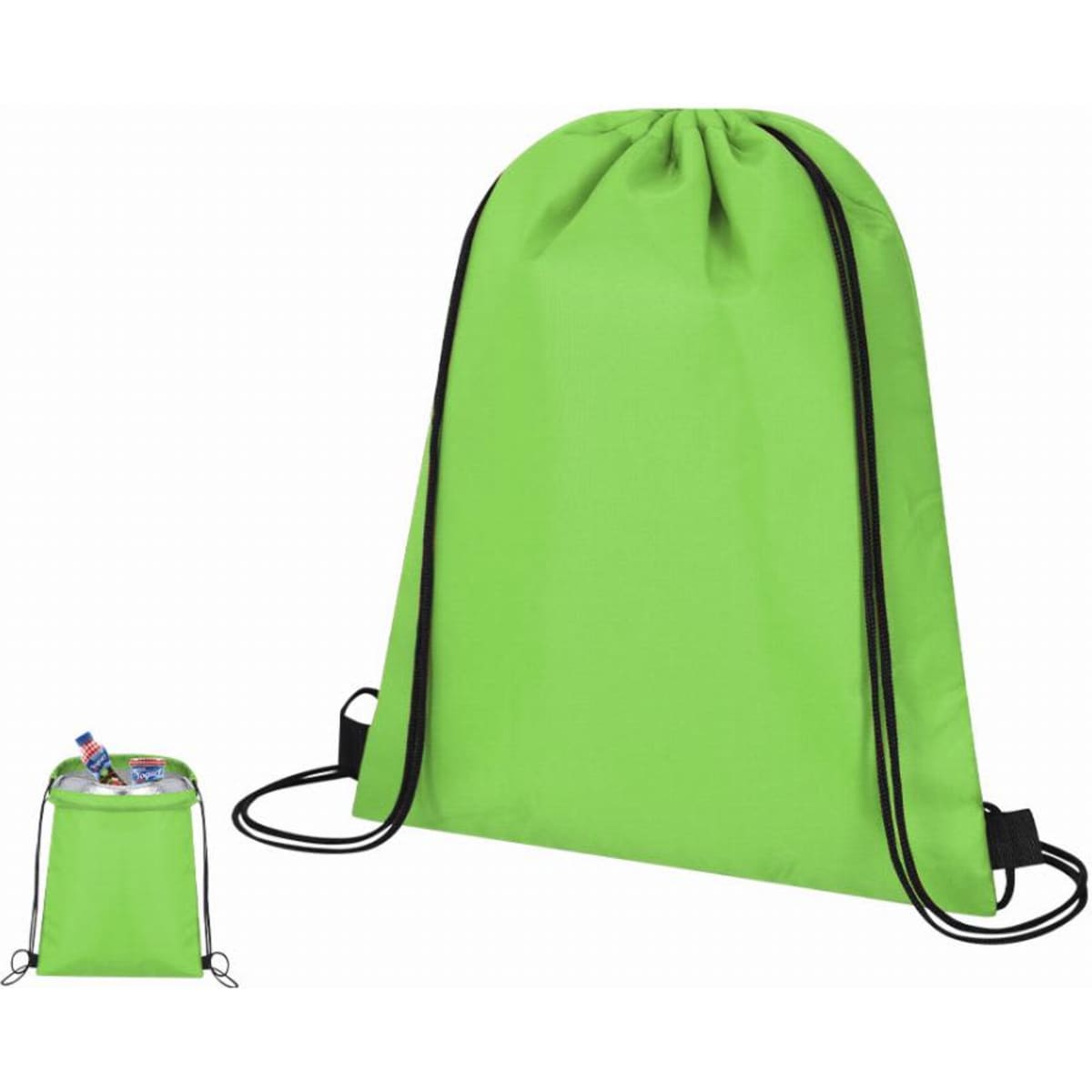 A drawstring backpack in vibrant green with black accents, featuring an inner pouch for small items.