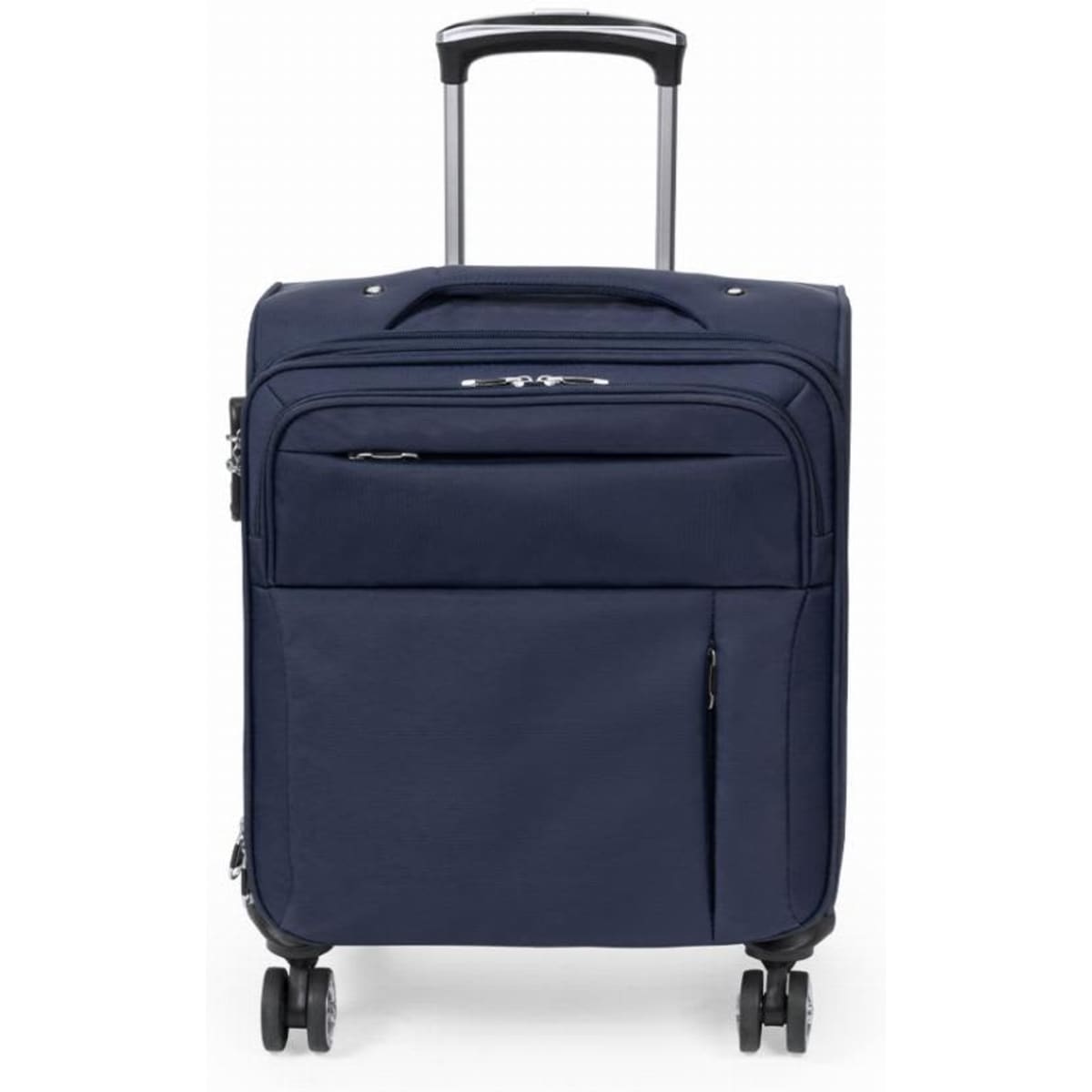 A travel suitcase in navy blue with a retractable handle and four wheels for easy mobility. It features multiple compartments.