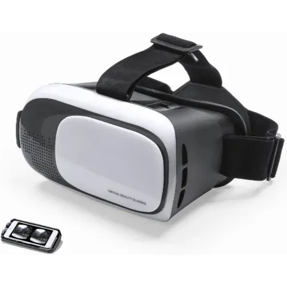 A virtual reality headset in black and white with adjustable straps, accompanied by a remote control device.
