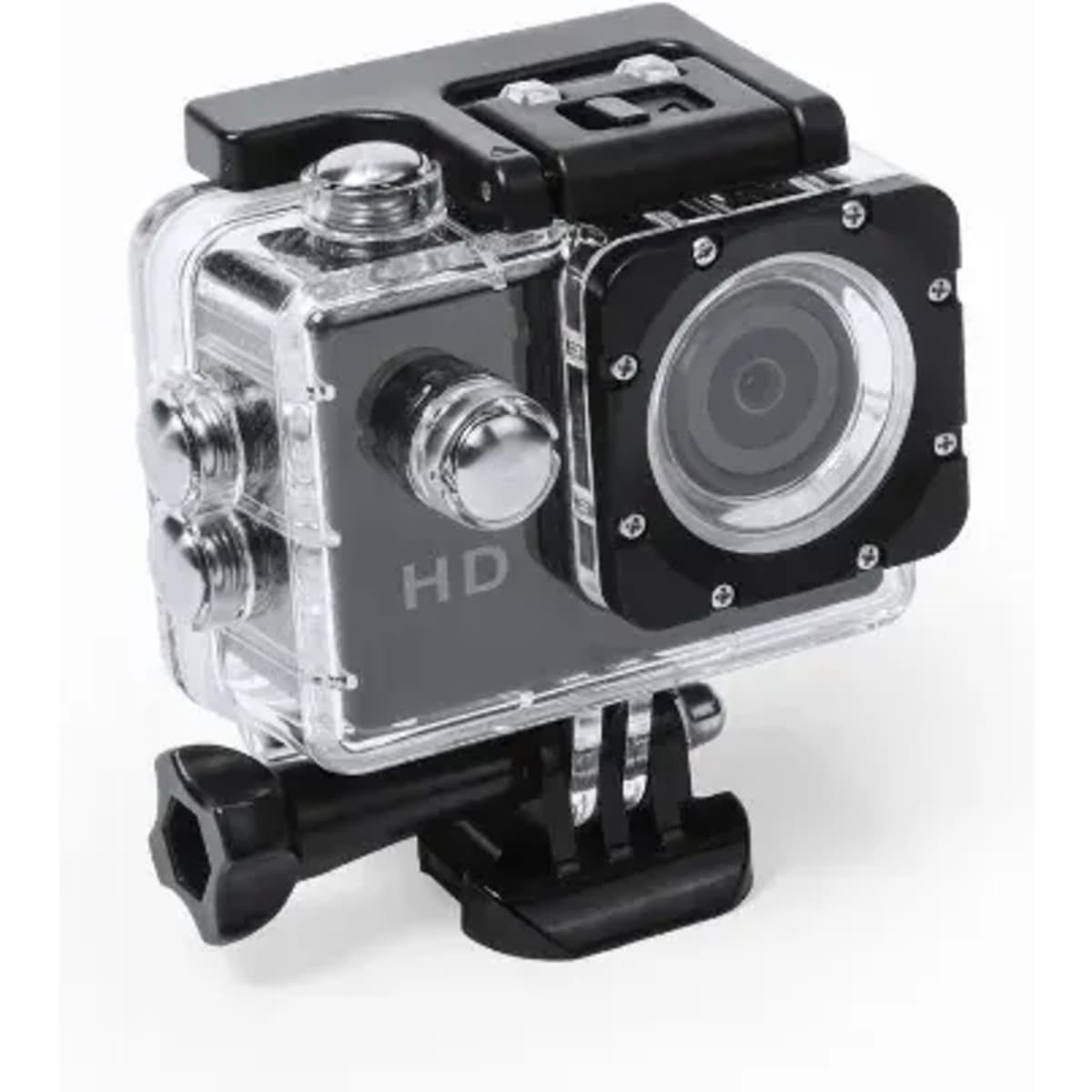 A compact action camera in a clear waterproof casing with black accents, featuring buttons and a lens.